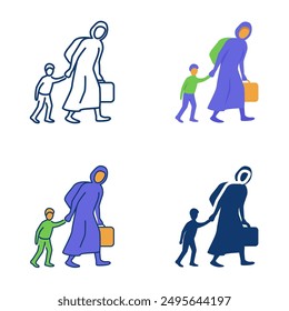 Migrants or refugees icon set in flat and line style. Relocation of people, leaving home. Vector illustration.