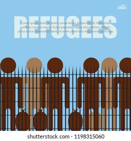 Migrants and refugees are standing behind closed and shut barrier, fence made of barbed wire. Eps10 vector illustration