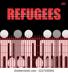 Migrants and refugees are standing behind closed and shut barrier, fence made of barbed wire. Eps10 vector illustration