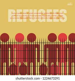 Migrants and refugees are standing behind closed and shut barrier, fence made of barbed wire. Eps10 vector illustration