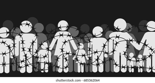 Migrants and refugees are standing behind closed and shut barrier, fence made of barbed wire. Crowd of people - family, mothers, children, men - is forbidden and banned to go. Vector illustration