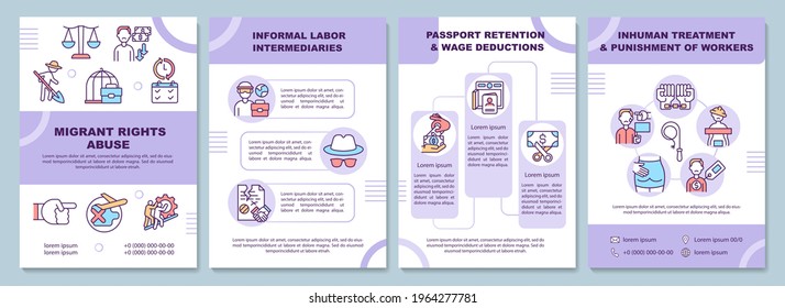 Migrants rights abuse brochure template. Informal labor intermediary. Flyer, booklet, leaflet print, cover design with linear icons. Vector layout for presentation, annual reports, advertisement pages