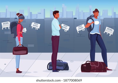 Migrants standing in queue in background with wall and need work advertisements on it flat vector illustration