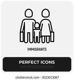 Migrants thin line icon, family with child and suitcases. Modern vector illustration.