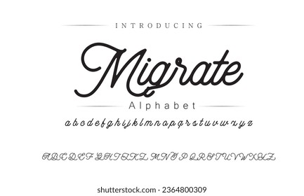 Migrar el tipo de letra del alfabeto digital abstracto moderno. Tipografía de tecnología mínima, moda deportiva urbana creativa tipo futurista y con números. ilustración vectorial