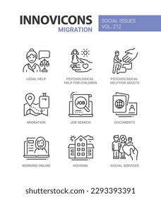 Migración y asistencia - conjunto de iconos de estilo de diseño de línea. Ayuda psicológica y legal, documentos, búsqueda de empleo, trabajo en línea, vivienda. Traslado, vacante a distancia, apoyo, trabajo independiente, vivienda