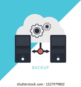 Migration. Backup concept. Copying file. Server. Data Center. Database Synchronize Technology. Concept of flat icon