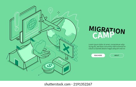 Migration camp - line design style isometric web banner on green background with copy space for text. A header with newspaper and world news, plane and immigration, tent. Shelter and charity idea