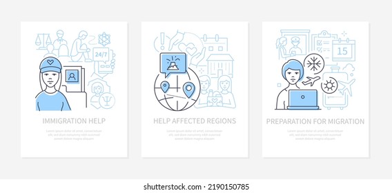 Migration and charitable assistance - line design style banners set with place for text. Immigration help, affected regions, volunteering, psychological and judicial support, flight and escape idea