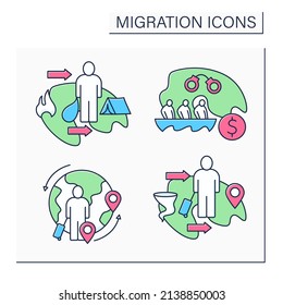 Migration Color Icons Set. Climate, Circular Migration, Refugee, Migrants Smuggling. Relocation Concept. Isolated Vector Illustrations