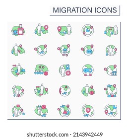 Migration color icons set. Moving people across borders. Seeking better life standards. Migration concept. Isolated vector illustrations