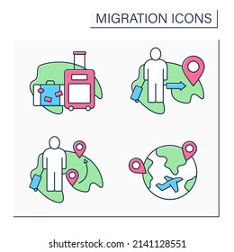 Migration color icons set. Stateless person, assimilation, diaspora, family migration. Relocation concept. Isolated vector illustrations