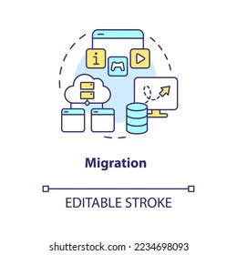 Icono de concepto de migración. Mover los datos del sitio web a la nueva plataforma. Integridad digital. Ilustración de línea delgada de idea abstracta CMS. Dibujo de contorno aislado. Trazo editable. Fuentes Arial, Myriad Pro-Bold utilizadas