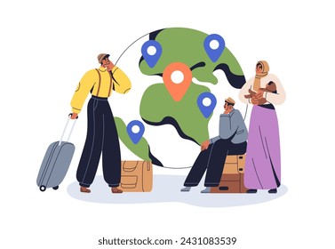 Migration concept. Refugees, migrants, foreigners wandering around world, choosing country, destination. Immigrants and emigrants. Flat graphic vector illustration isolated on white background