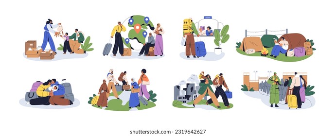 Migration concepts set. People choosing country for moving, passing control, waiting at border. Migrants get help or asylum in refugee camps. Flat vector illustrations isolated on white background