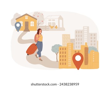 Migration from the countryside to the town isolated concept vector illustration. Migration from countryside, urban areas, country people, moving to cities, travel by car train vector concept.