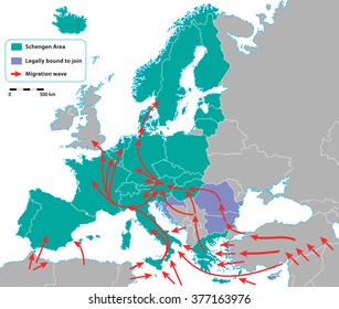 Migration crisis in Europe. Migration waves going through Schengen Area. Data source EUROPOL, 2016. All data are in layers for easy editing vector map. Background for your infographics.