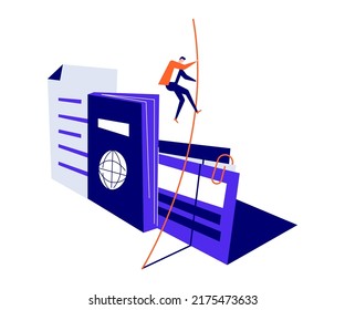 Migration documents preparation - colorful flat design style illustration on white background. A scene with man on a pole trying to jump over passport and papers. Legal support, official registration
