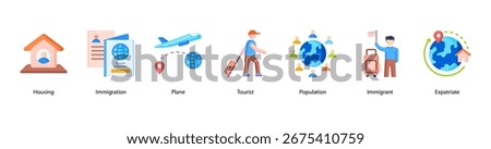 Migration and Global Living web banner vector illustration featuring Housing, Immigration, Plane, Tourist, Population, Immigrant, and Expatriate.