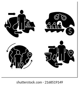 Migration Glyph Icons Set. Climate, Circular Migration, Refugee, Migrants Smuggling. Relocation Concept.Filled Flat Signs. Isolated Silhouette Vector Illustrations