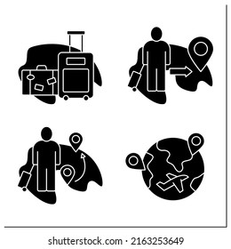 Migration glyph icons set. Stateless person, assimilation, diaspora, family migration. Relocation concept. Filled flat signs. Isolated silhouette vector illustrations