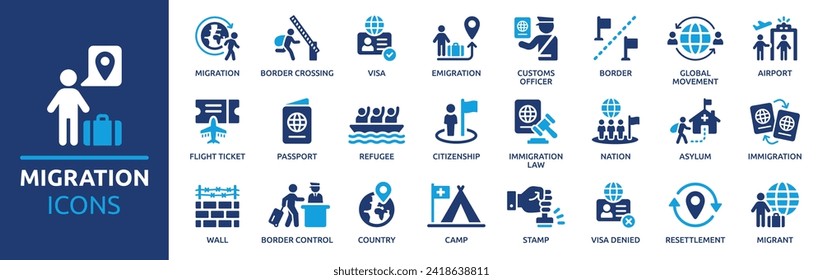 Migration icon set. Containing visa, passport, border, migrant, customs officer, country, immigration and more. Solid vector icons collection.