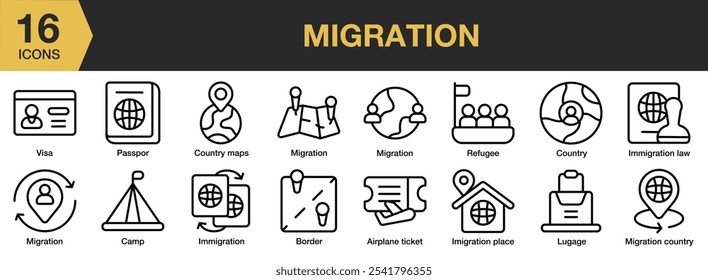 Conjunto de iconos de migración. Incluye boleto de avión, frontera, campamento, país, lugar de inmigración y más. Colección de Vector de iconos de contorno.