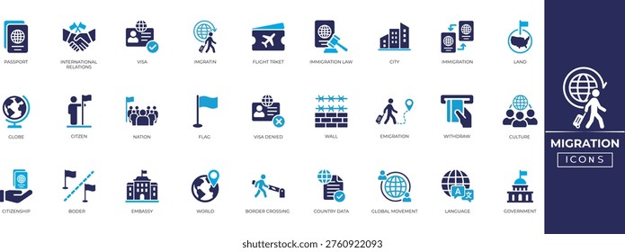 
Migration icon set. Visa, nation, border, migrant, country, passport, emigration, country and more. Solid vector icon collection.