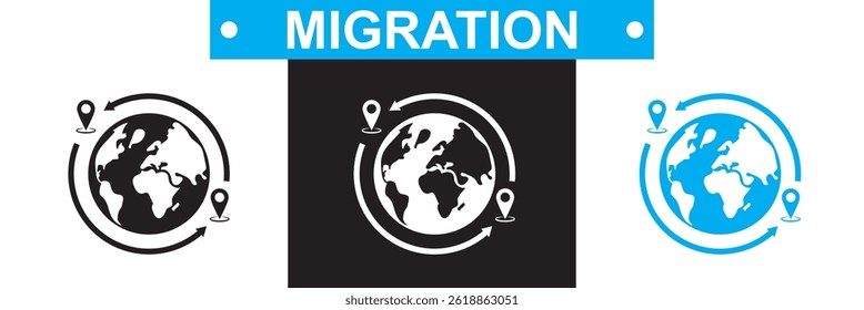 Symbol Migration. Vektorgrafik für Websites, mobile Schnittstellen, Präsentationen, Banner, visuelles Branding usw. Vektorgrafik. einzeln auf weißem und schwarzem Hintergrund. EPS 10