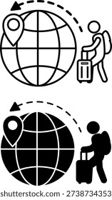 Migration Icons. Line and Glyph Vector Icons. Person with Backpack and Suitcase, Planet Earth, and Pin Marker. Migrant, Tourist. Temporary or Permanent Movement of People to Another Country