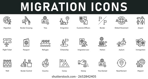 Migração Icons ilustração vetorial com linha fina editável traço contendo reassentamento carimbo acampamento parede imigração passaporte passaporte bilhete de voo aeroporto movimento global visto fronteira