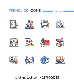 Migration issues and help - modern line design style icons set. Colorful images of litigation and online support, psychological problems, telecom operator, charity and provision of basic necessities