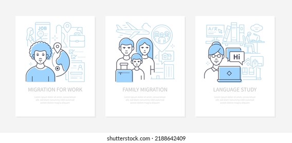 Migration and language study - line design style banners set with place for text. Change of residence due to work, family flies on vacation, learning and education, polyglot. Foreigner life idea