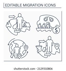 Migration Line Icons Set. Climate, Circular Migration, Refugee, Migrants Smuggling. Relocation Concept. Isolated Vector Illustrations. Editable Stroke