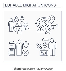 Migration line icons set. Emigration and immigration. Humanitarian catastrophe, refugee. Migration concept. Isolated vector illustrations. Editable stroke