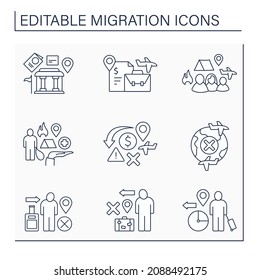 Migration line icons set. Emigration and immigration. Forced movement. Searching for better living conditions. Migration concept. Isolated vector illustration. Editable stroke