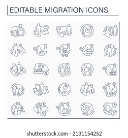 Migration line icons set. Moving people across borders. Seeking better life standards. Migration concept. Isolated vector illustrations. Editable stroke