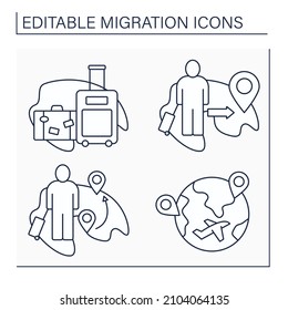 Migration line icons set. Stateless person, assimilation, diaspora, family migration. Relocation concept. Isolated vector illustrations. Editable stroke