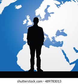 migration man silhouette and map in background illustration in colorful