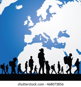 Migration People With Map In Background Illustration In Colorful