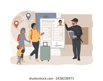 Migration policy isolated concept vector illustration. Migration report, policy research, visa application form, border patrols control, sign documents, put a tick, passport vector concept.