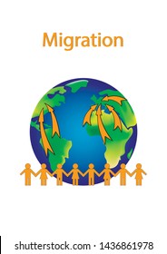 migration poster, orange people shapes and earth isolated on a white background vertical vector illustration