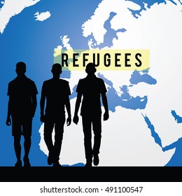 migration refugees and map of world color in background illustration