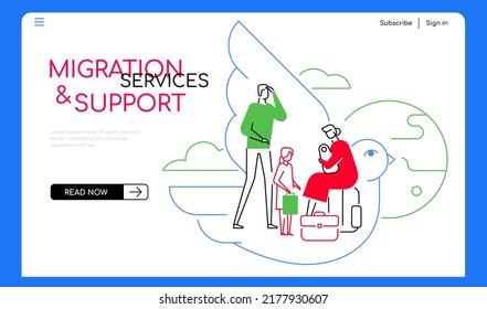 Migration services and support - modern flat design style web banner with line elements and copy space for text. An illustration with family under protection. Golub, peaceful situation and moving