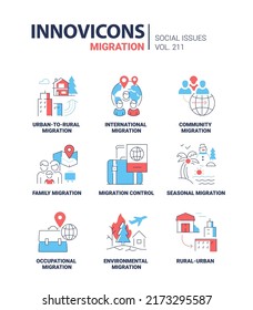 Migration and social issues - modern line design style icons set. Red and blue images of urban to rural moving, international, community and family resettlement, environment and seasonal relocation