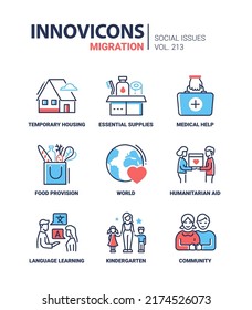 Migration social issues - modern line design style icons set. Red and blue images of temporary housing, medical care, essential supplies and food provision, humanitarian aid and community idea