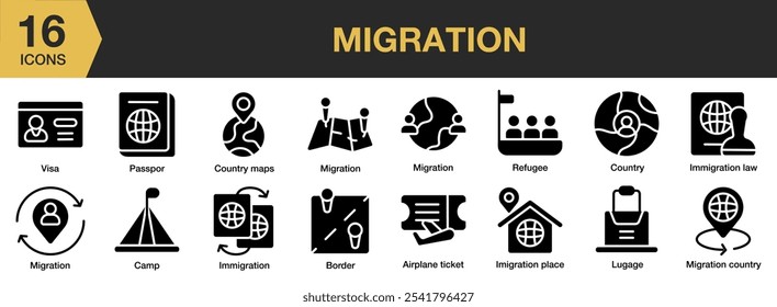 Conjunto de iconos sólidos de migración. Incluye boleto de avión, frontera, campamento, país, lugar de inmigración y más. Colección de Vector de iconos sólidos.