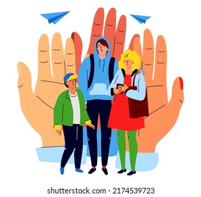 Migration support - modern colorful flat design style illustration on white background. Scene with three confused teenagers who need moral and financial support. Hands behind the back give confidence