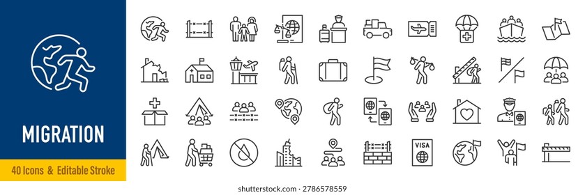 Migration web icons in line style. Visa, nation, war, country, conflict, passport, crisis, immigration, migrant, help, collection. Editable stroke. Vector illustration.