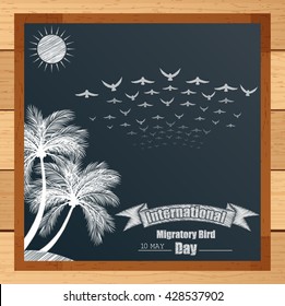 Migratory bird mechanism with palm tree and flying birds written by chalk on blackboard.Vector